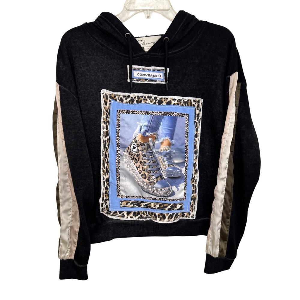 Reworked Converse Patchwork Hoodie Small Black Leopard Graphic Streetwear